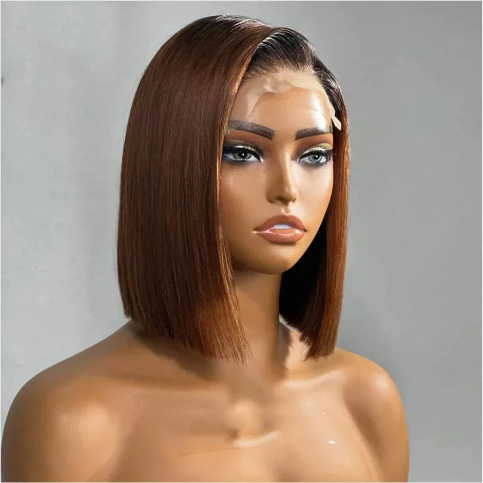 sengpan Soft 180Density Short Bob Ombre Brown Blonde Glueless Straight Lace Front Wig For Black Women BabyHair Preplucked Daily Cosplay