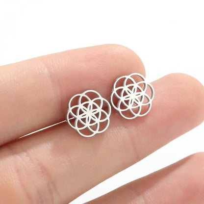 sengpan Tiny Circle Earrings Stainless Steel Flower Seed of Life Stud Earrings for Women Geometry Round Hollow Wedding Jewelry