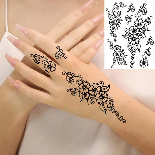 sengpan Black Henna Temporary Tattoo Stickers Women Sexy Lace Hand Jewelry Flower Fake Tatoo Waterproof Body Art Tattoo Wedding