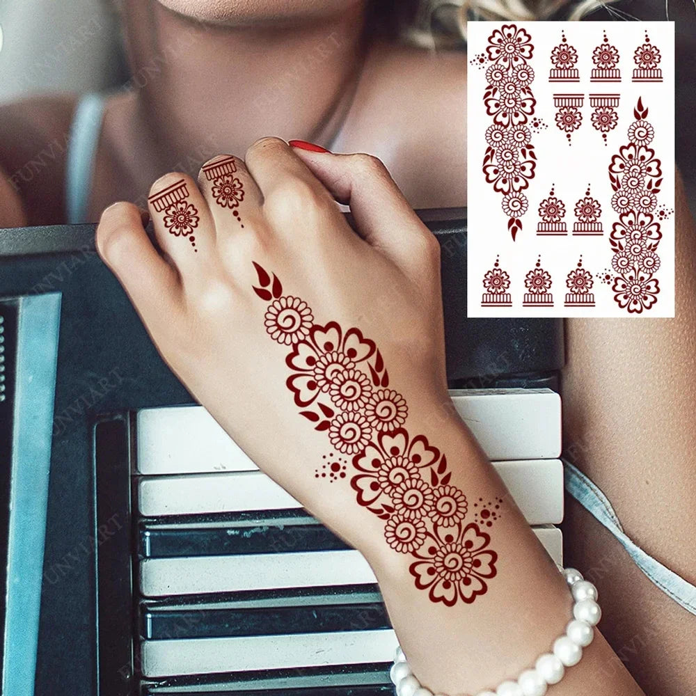 sengpan Maroon Henna Tattoo Stickers for Hand Foot Flower Temporary Tattoos for Wedding Party Brown Fake Tattoo for Women Body Art