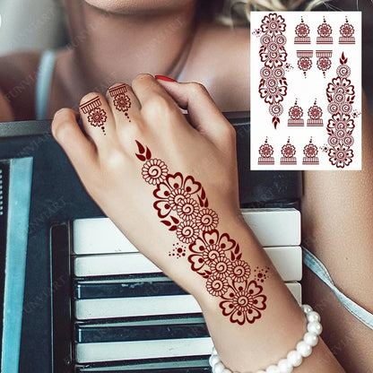 sengpan Maroon Henna Tattoo Stickers for Hand Foot Flower Temporary Tattoos for Wedding Party Brown Fake Tattoo for Women Body Art