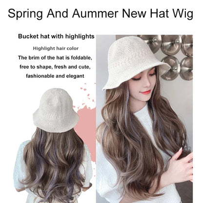 sengpan  Hollow Visor Wig Brown Ombre Long Roll Hat with hair Extension Travel Fashion Wigs Women's Natural Wigs