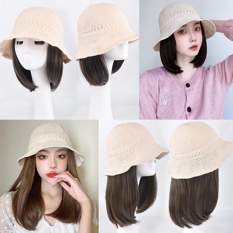 sengpan  Hollow Visor Wig Brown Ombre Long Roll Hat with hair Extension Travel Fashion Wigs Women's Natural Wigs