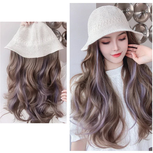 sengpan  Hollow Visor Wig Brown Ombre Long Roll Hat with hair Extension Travel Fashion Wigs Women's Natural Wigs