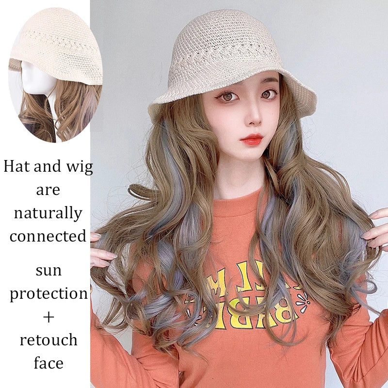 sengpan  Hollow Visor Wig Brown Ombre Long Roll Hat with hair Extension Travel Fashion Wigs Women's Natural Wigs