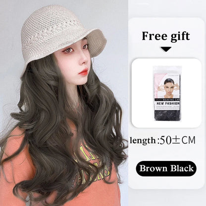 sengpan  Hollow Visor Wig Brown Ombre Long Roll Hat with hair Extension Travel Fashion Wigs Women's Natural Wigs