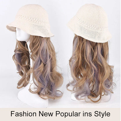 sengpan  Hollow Visor Wig Brown Ombre Long Roll Hat with hair Extension Travel Fashion Wigs Women's Natural Wigs