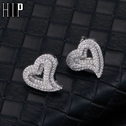 sengpan Hip Micro 1Pair Heart Shape Pave Baguette Cubic Zircon Stone Ice out Stud CZ Earring Bling Copper Earrings For Women Men Jewelry