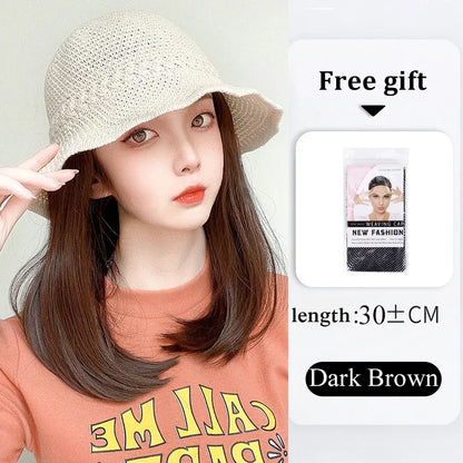 sengpan  Hollow Visor Wig Brown Ombre Long Roll Hat with hair Extension Travel Fashion Wigs Women's Natural Wigs