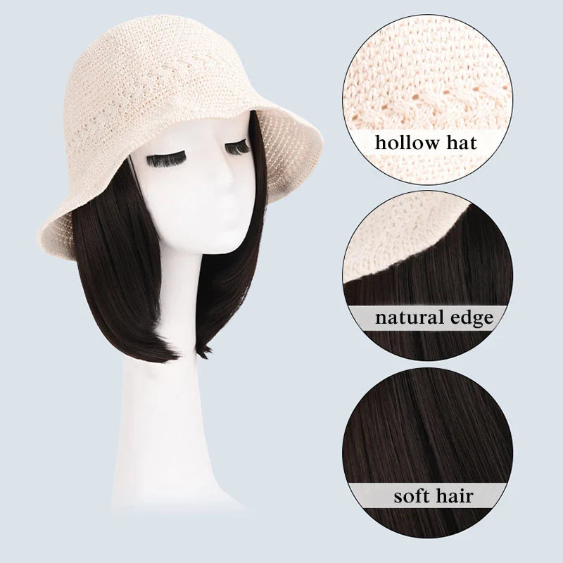 sengpan  Hollow Visor Wig Brown Ombre Long Roll Hat with hair Extension Travel Fashion Wigs Women's Natural Wigs