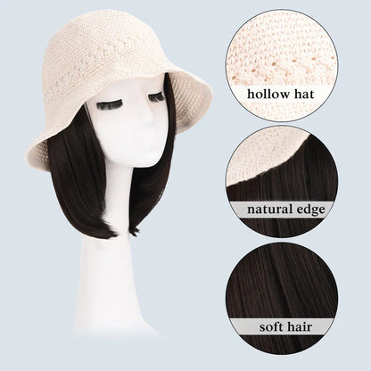 sengpan  Hollow Visor Wig Brown Ombre Long Roll Hat with hair Extension Travel Fashion Wigs Women's Natural Wigs