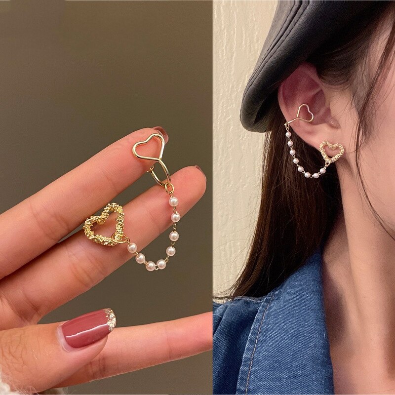 sengpan Korean Elegant Cute Pearl Double Love Heart Stud Earrings For Women Girls Fashion Metal Chain Boucle D'oreille Jewelry Gifts