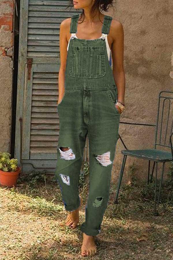 Washed Ripped Hole Denim Overalls(3 Colors)