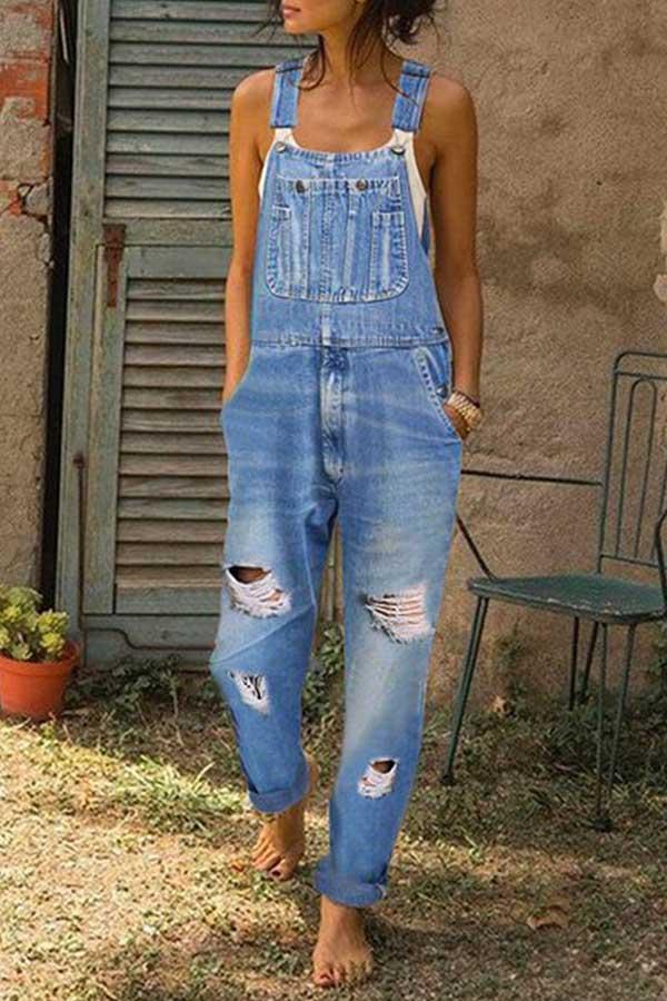 Washed Ripped Hole Denim Overalls(3 Colors)