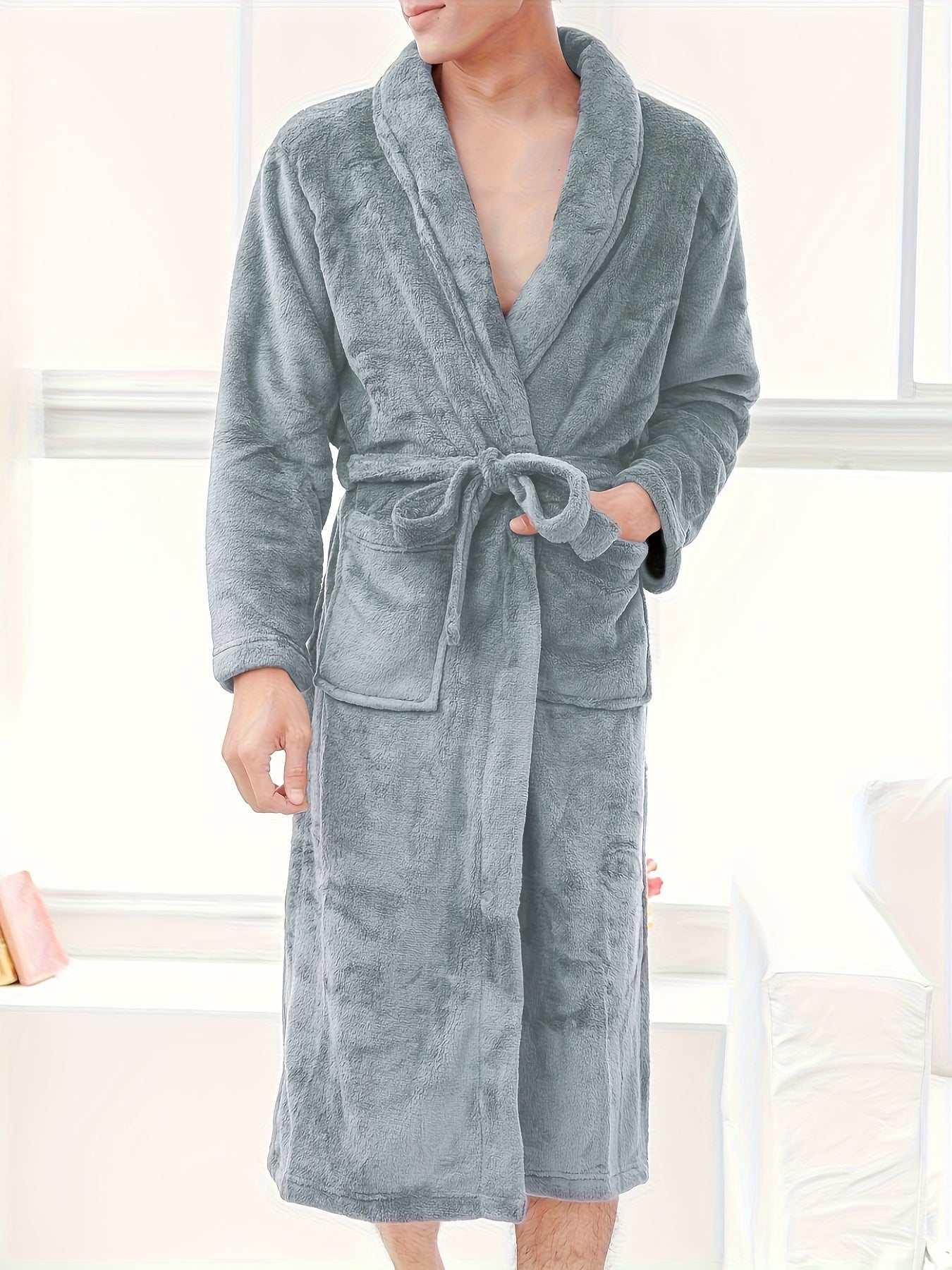 Cozy Mens Solid Fleece Kimono Robe - Luxurious Pajamas Wear with Handy Pockets - Soft Lace-Up Nightrobe Set for Ultimate Warmth After Bath