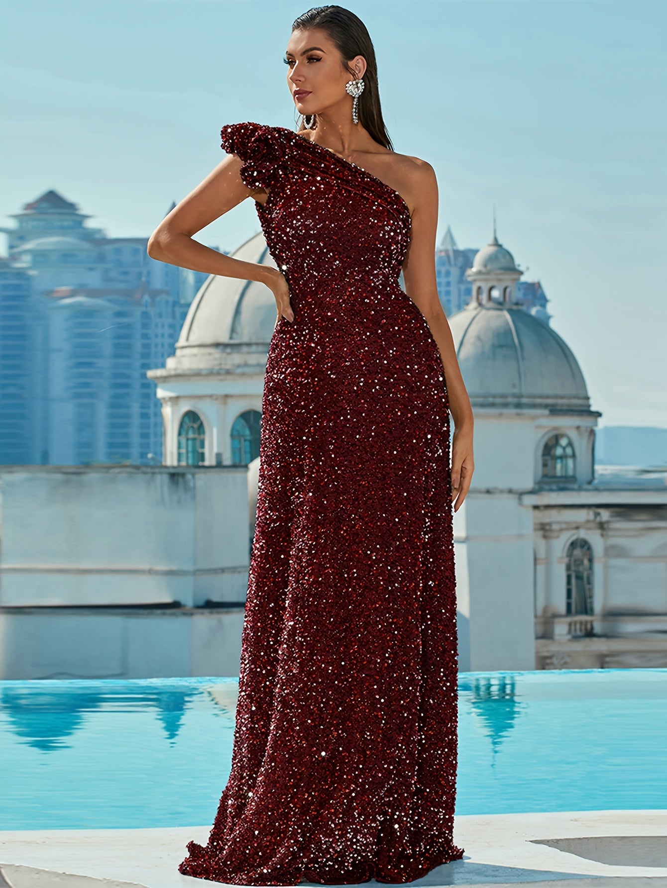 Glittering One Shoulder Sequin Evening Gown - Glamorous & Sleek, Floor-Length Dress for Parties & Banquets - Red Carpet Ready, Womens Formal Wear
