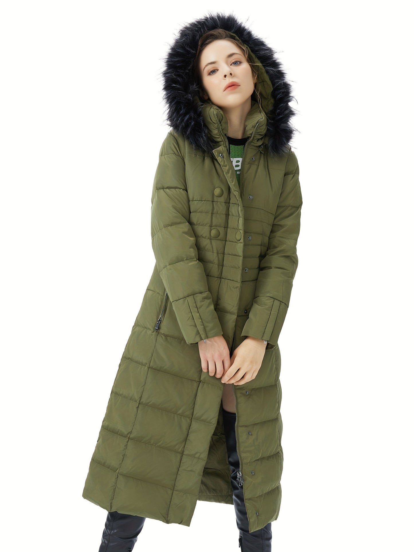 Solid Quilted Button Down Hooded Coat, Casual Slant Pockets Long Sleeve Hooded Maxi Down Coat For Fall & Winter, Women's Clothing