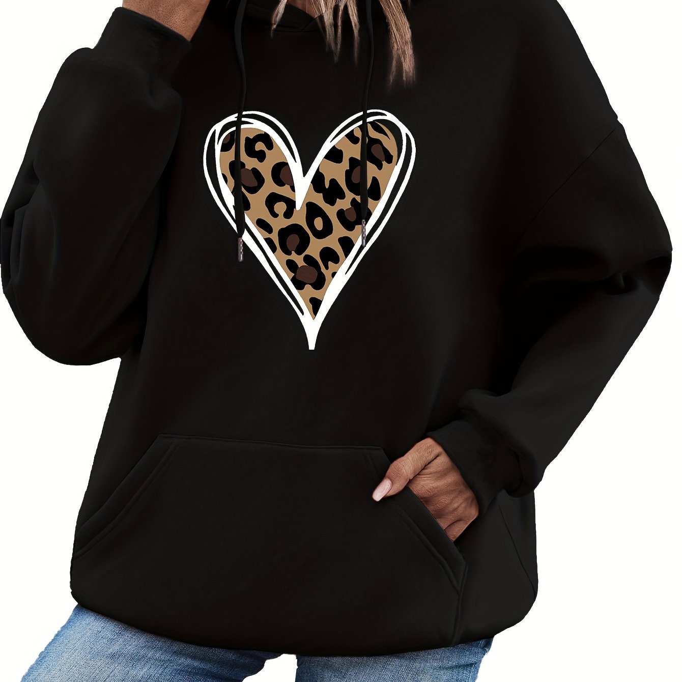 Women's Heart Print Kangaroo Pocket Casual Hoodie - Long Sleeve Drawstring Sweatshirt with Relaxed Fit, Soft Fabric, and Cozy Design for Everyday Wear