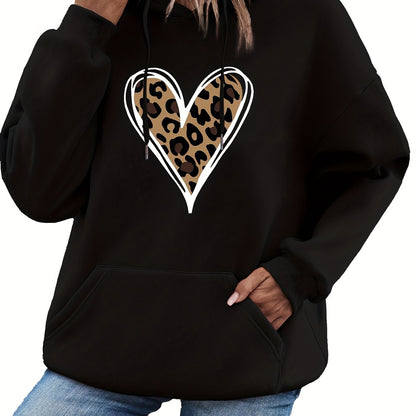 Women's Heart Print Kangaroo Pocket Casual Hoodie - Long Sleeve Drawstring Sweatshirt with Relaxed Fit, Soft Fabric, and Cozy Design for Everyday Wear