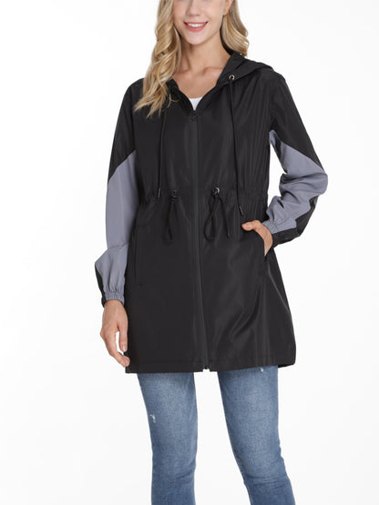 Stylish Color Block Long Sleeve Trench Coat - Water-Resistant, Waisted, Hooded, Windbreaker Jacket with Adjustable Cuffs and Hem - Perfect for Women's Outdoor Activities and Casual Wear