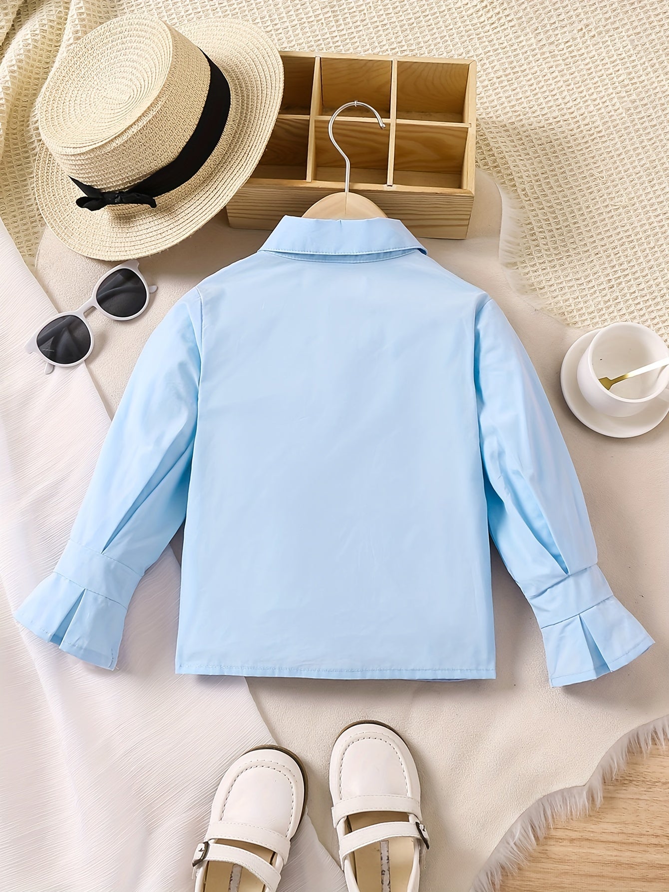 Girls Solid Pleated Shirt 100% Cotton Long Sleeve Blouse Tops