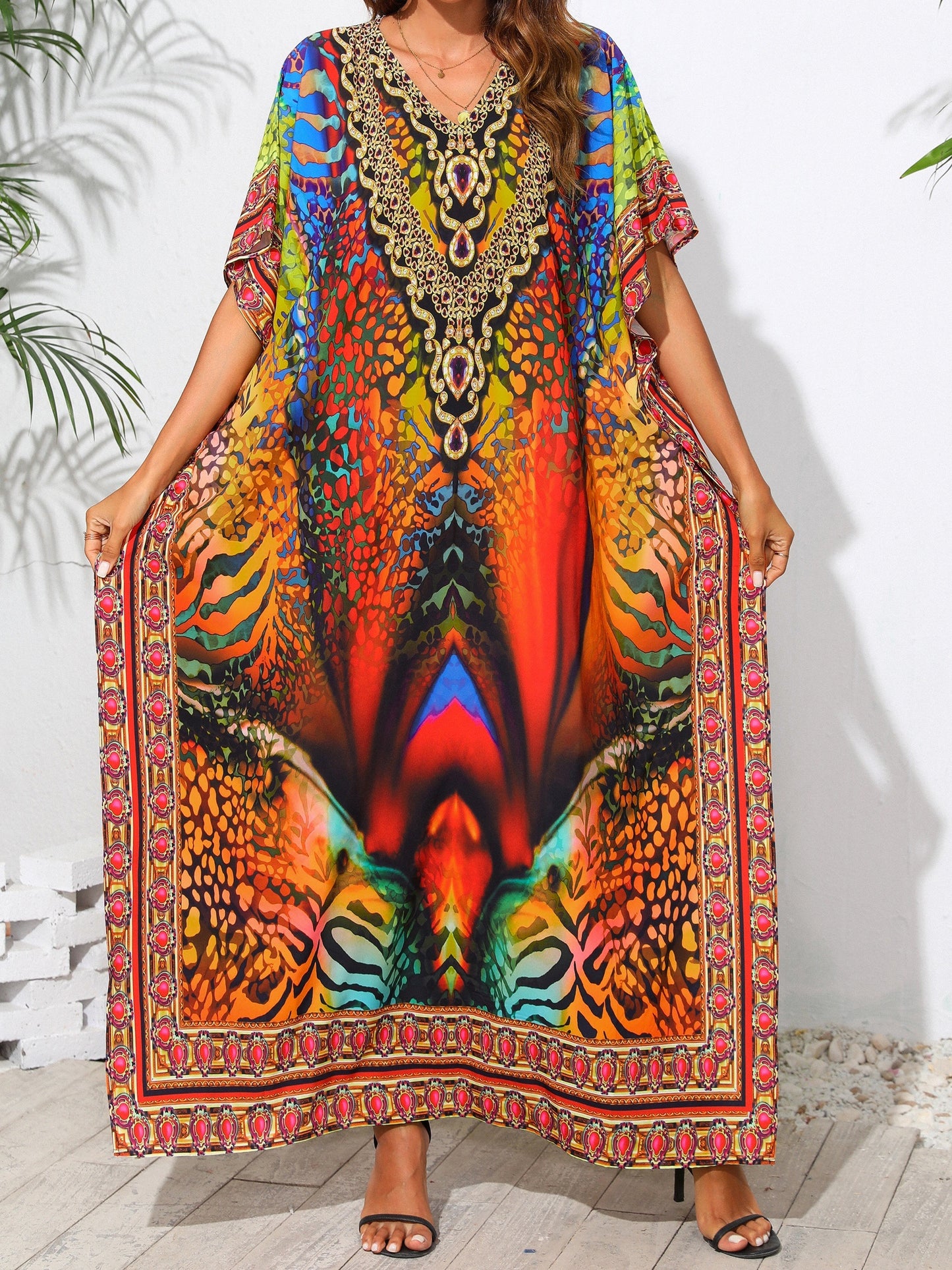 Plus Size Womens Vibrant Tribal Print V Neck Boho Chic Loose Fit Short Sleeve Kaftan Dress for Vacay Beach Cover Up - Soft Non-Stretch Polyester Fabric, Split Details, Pullover Design, Random Printing - Perfect for Curvy Ladies