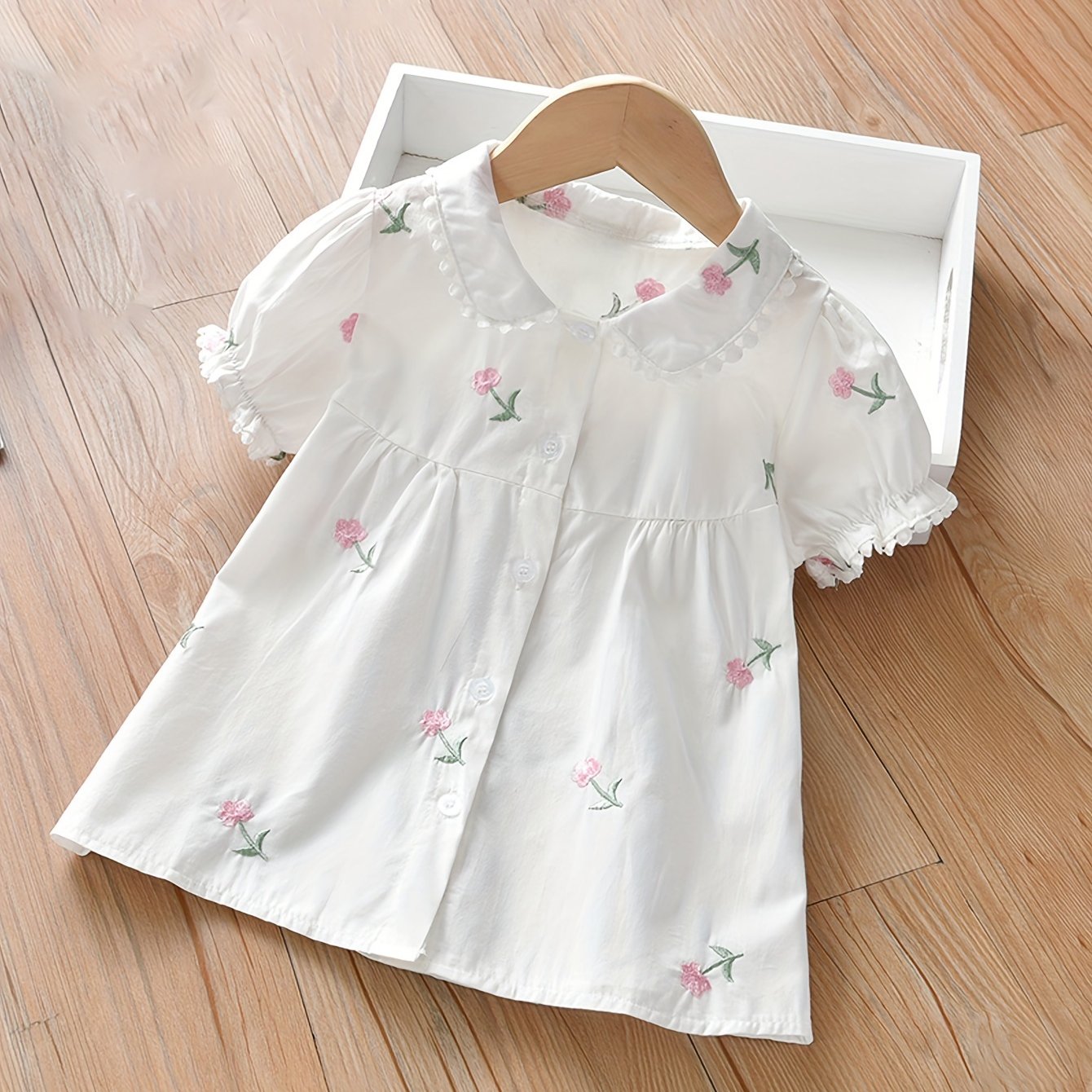 Cotton Girls Ditsy Floral Short Sleeve Blouse Shirt - Embroidered Lapel Collar, Regular Fit, Non-Stretch Fabric, Cute Doll Collar Design, Perfect for Summer Casual Wear