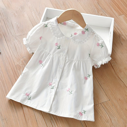 Cotton Girls Ditsy Floral Short Sleeve Blouse Shirt - Embroidered Lapel Collar, Regular Fit, Non-Stretch Fabric, Cute Doll Collar Design, Perfect for Summer Casual Wear