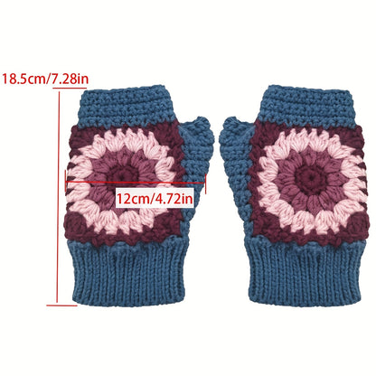 Vintage Style Fingerless Gloves - Short, Thick, Warm, Crochet Flower Knit, Coldproof, Autumn and Winter Essential for Women