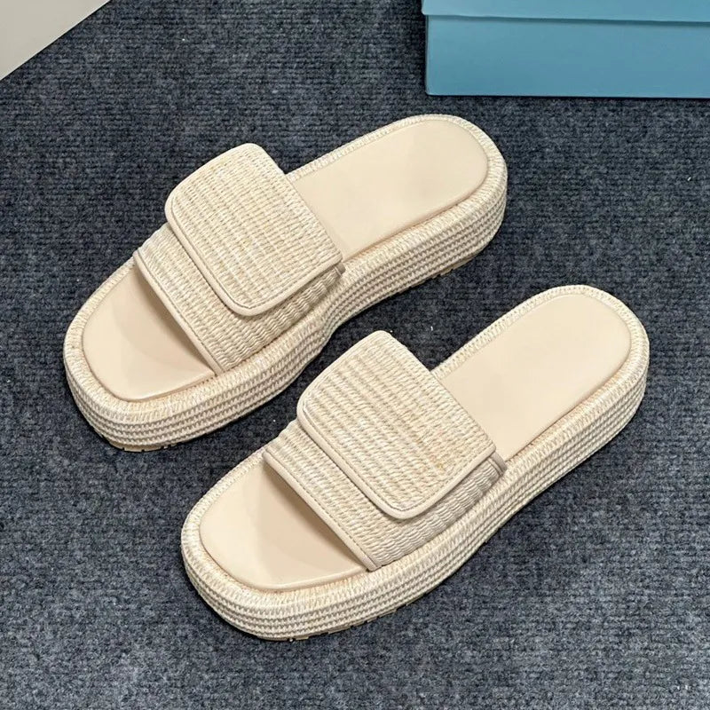 Women Designer Sandals Fashion Straw Sandal Platform Slippers Leather Slip-on Pool Slides Thick Heels Summer Beach Sandles Brown Black White Size 35-42