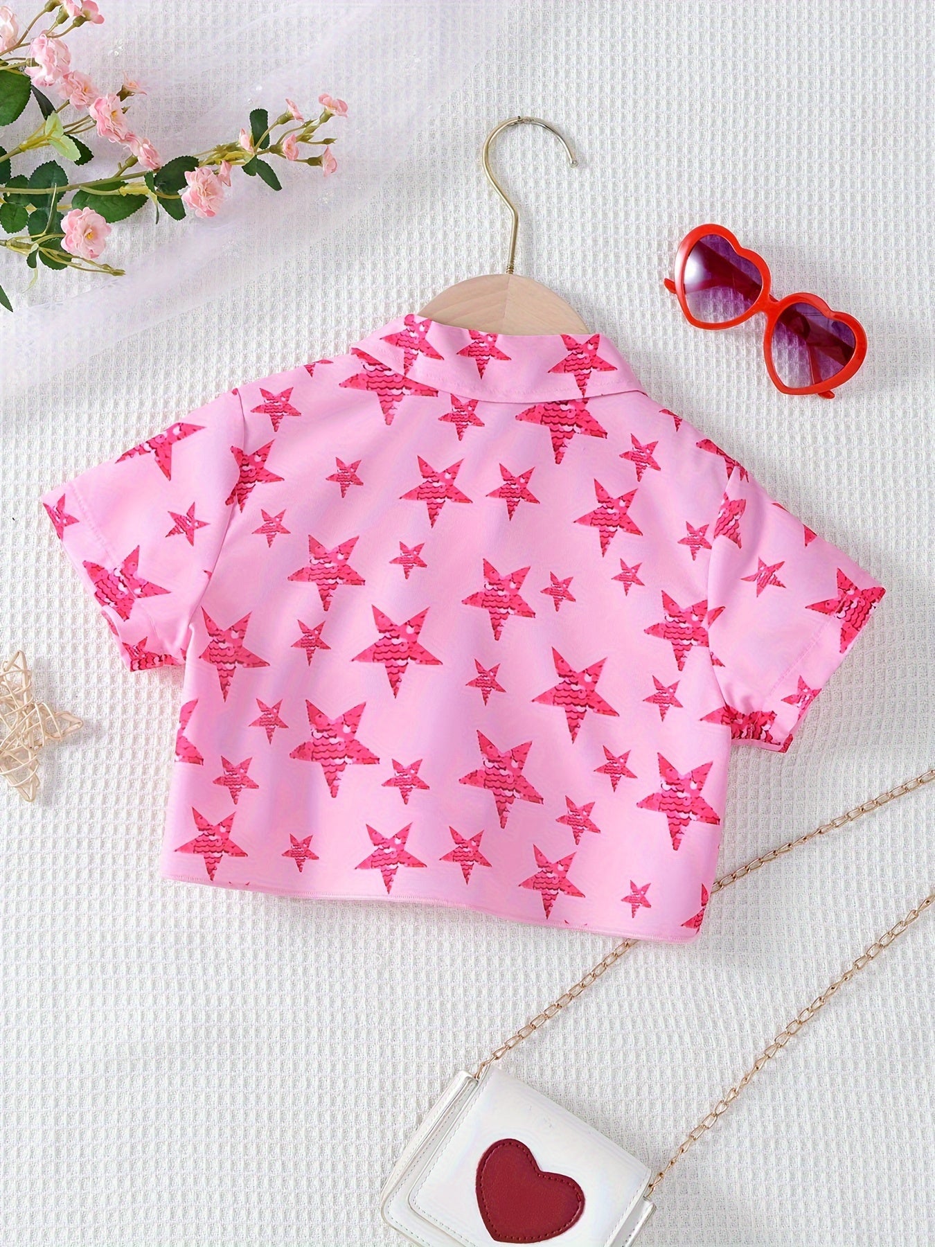 Girls Tie Knot Stars Print Short Sleeve Shirt Vacation Style Button-Down Collar Blouse Top For Summer