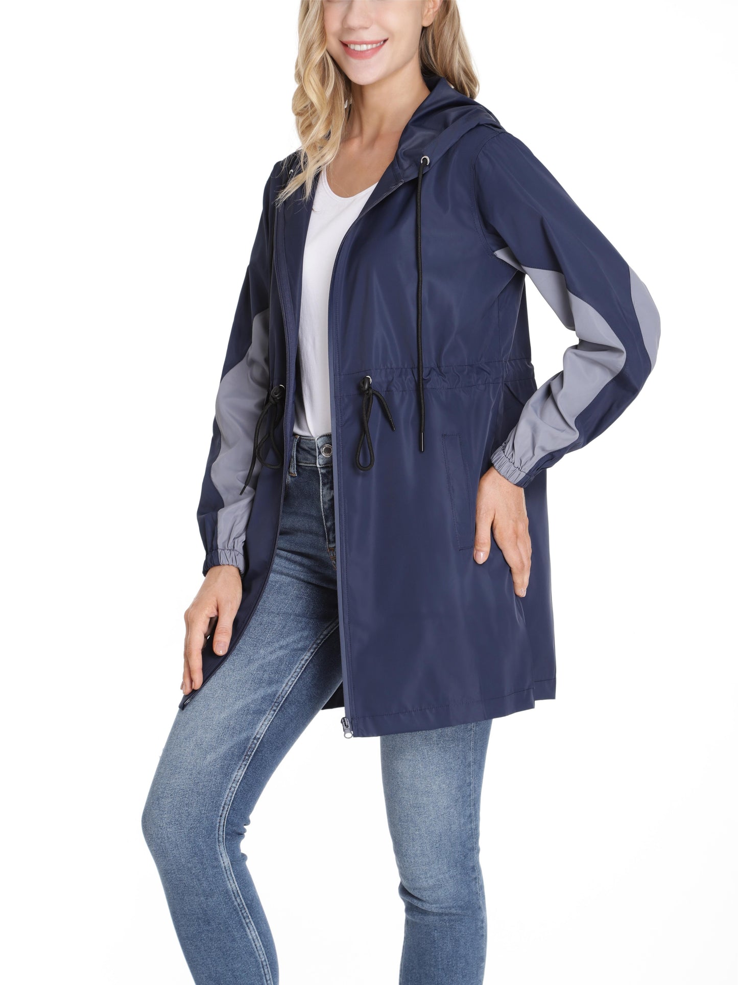 Stylish Color Block Long Sleeve Trench Coat - Water-Resistant, Waisted, Hooded, Windbreaker Jacket with Adjustable Cuffs and Hem - Perfect for Women's Outdoor Activities and Casual Wear