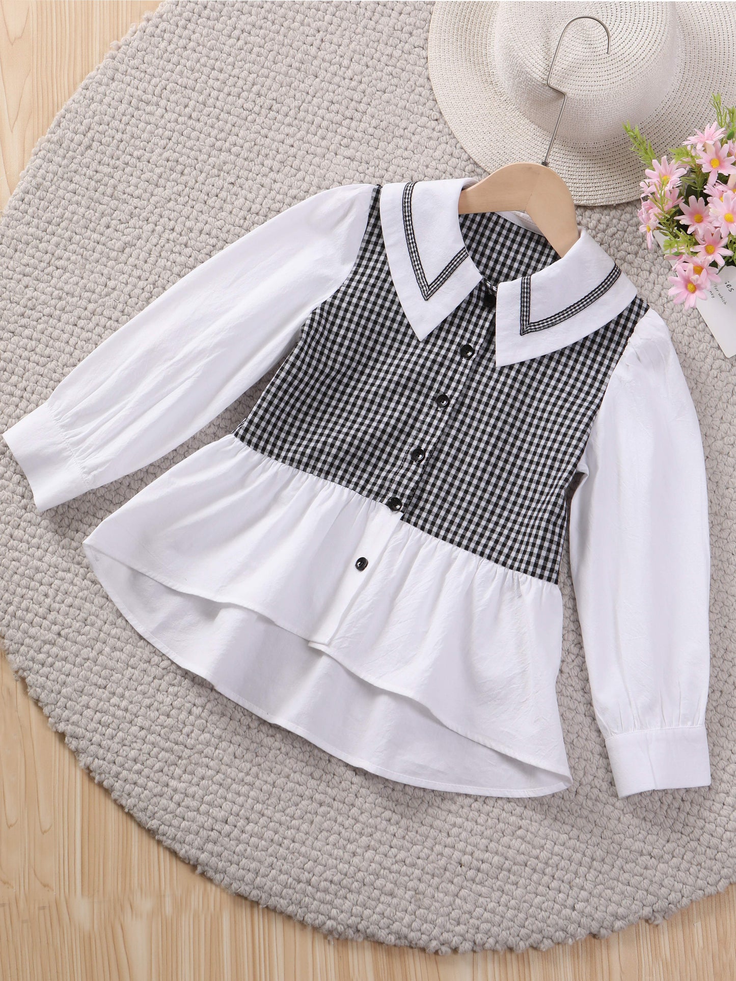 Stylish Plaid Patchwork Peplum Shirt for Girls - Long Sleeve, Collared, Flattering Fit, Casual Chic, Autumn Winter Fashion Essential - Perfect for School, Daily Wear