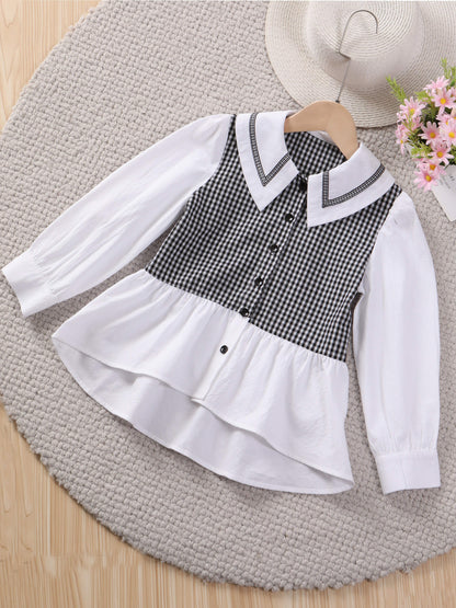 Stylish Plaid Patchwork Peplum Shirt for Girls - Long Sleeve, Collared, Flattering Fit, Casual Chic, Autumn Winter Fashion Essential - Perfect for School, Daily Wear