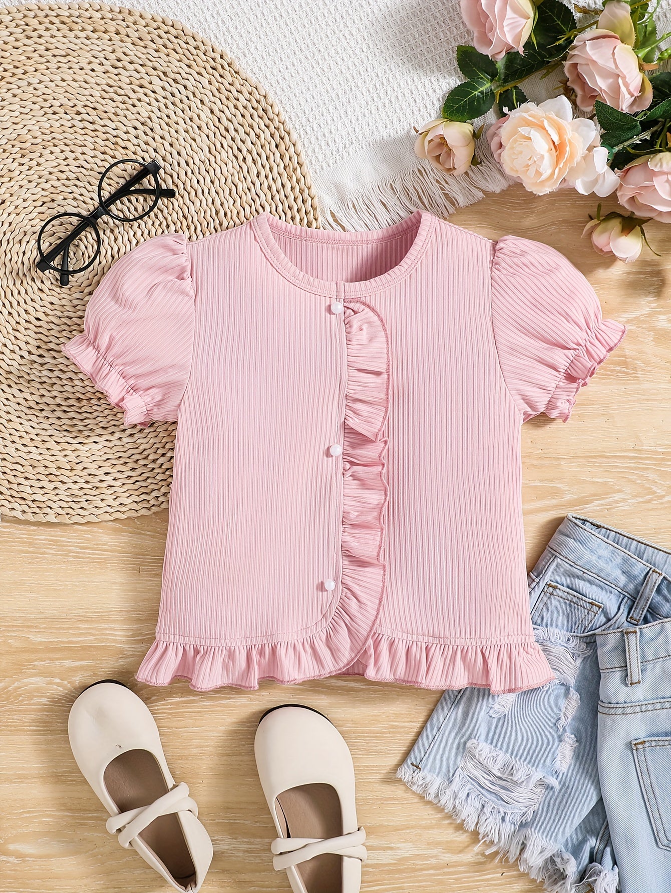 Girls Adorable Ruffled Hem Blouse - Puff Sleeves, White Button Detail, Cute Summer Style, Casual Wear, Soft Fabric, Relaxed Fit, Easy Care