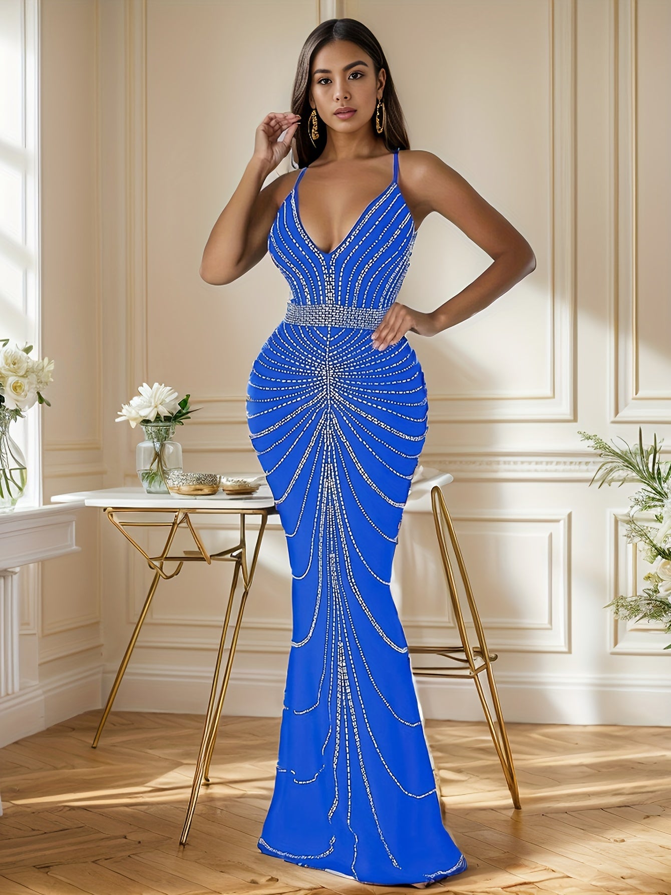 Rhinestone V Neck Cami Dress - Daring V-Neckline, Body-Hugging Silhouette, Floor-Sweeping Hem, Sultry Backless Design, Dazzling Rhinestone Embellishments - Perfect for Glamorous Nights Out at Parties and Clubs, Designed for Fashion-Forward Women