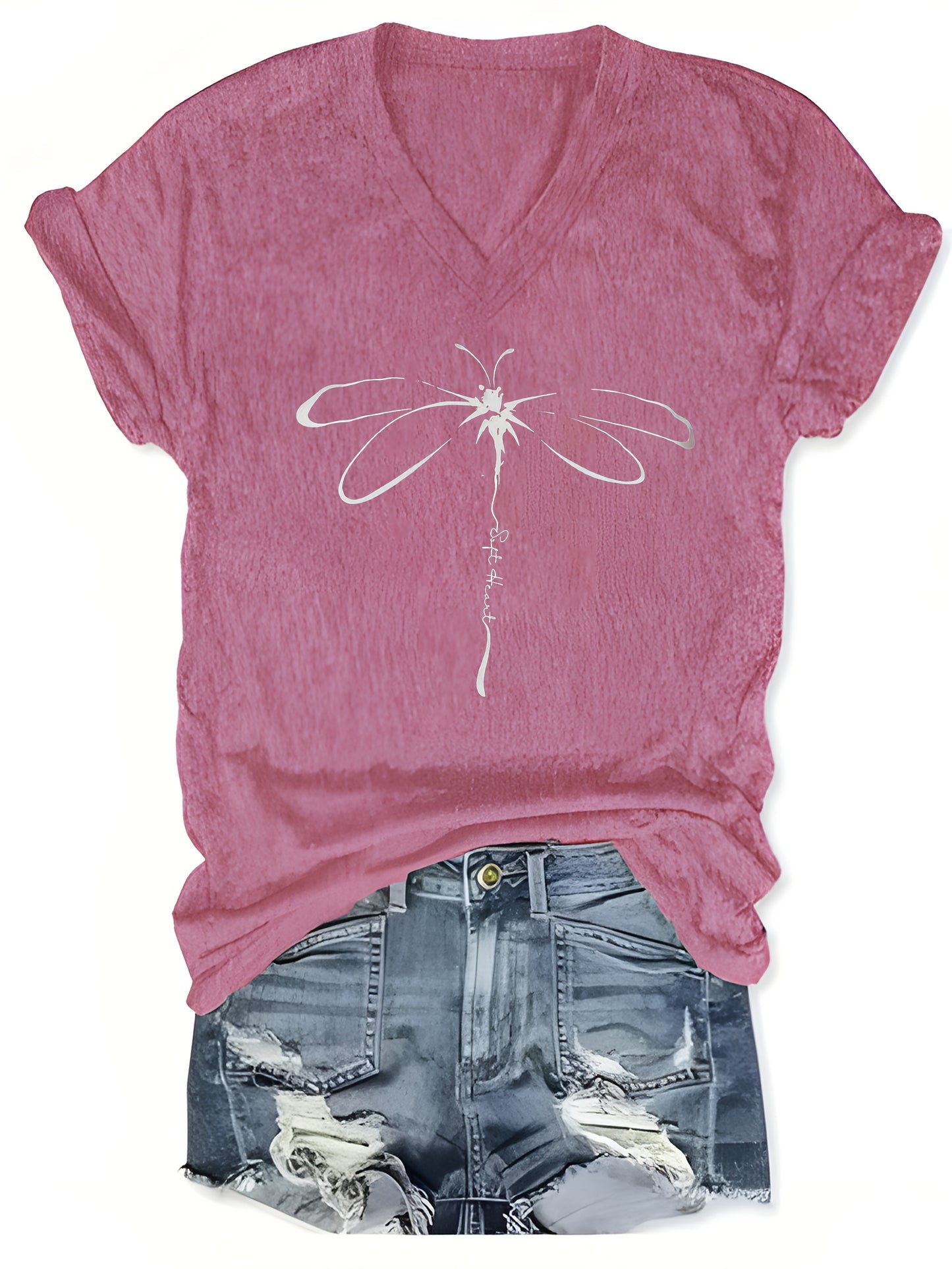 Vibrant Dragonfly Geometric Print V-Neck T-Shirt - Soft Mid-Elasticity Polyester Knit Fabric, Casual Short Sleeve, Regular Length, Positioning Printing, Perfect for Spring & Summer, Womens Casual Wear