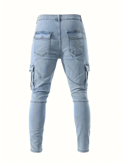 Men's Trendy Solid Cargo Denim Jeans With Side Pocket, Comfy Casual Slim Fit Trousers For Men's Outdoor Activities