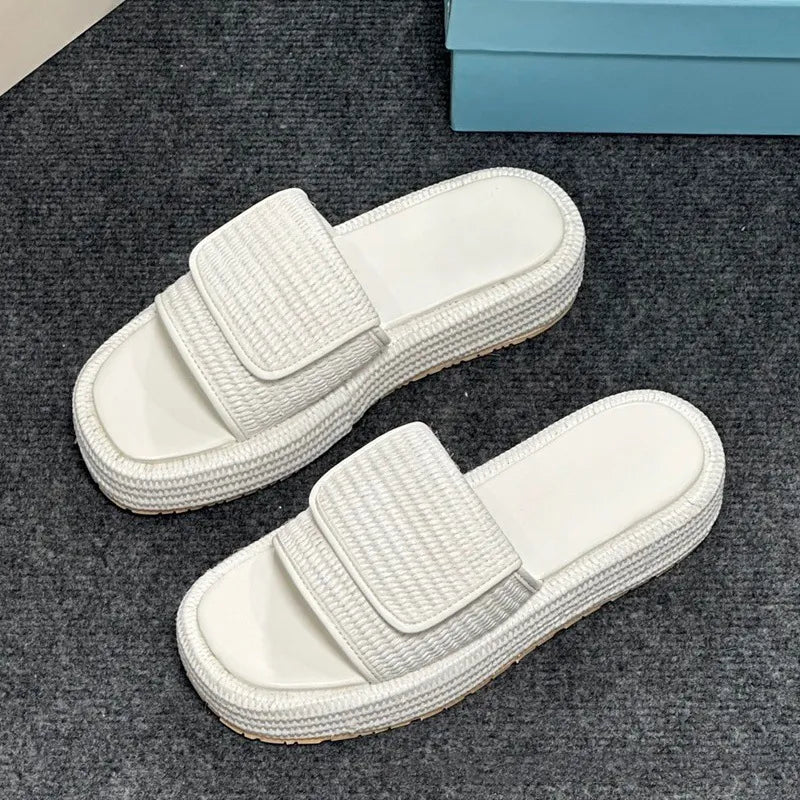 Women Designer Sandals Fashion Straw Sandal Platform Slippers Leather Slip-on Pool Slides Thick Heels Summer Beach Sandles Brown Black White Size 35-42