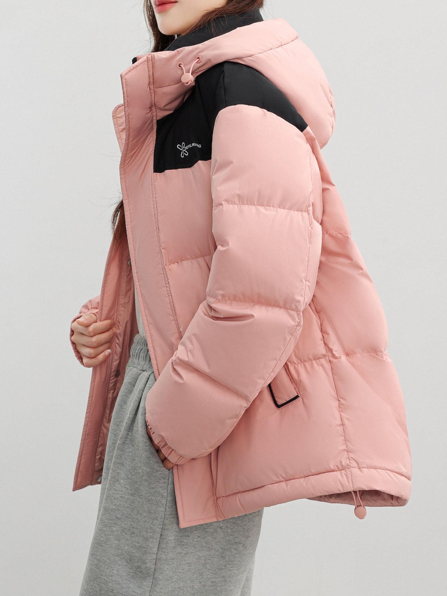 Womens Stylish Color Block Hooded Down Jacket - Quilted, Pockets, Long Sleeve, Winter Warm Outerwear - Cozy, Casual & Fashionable