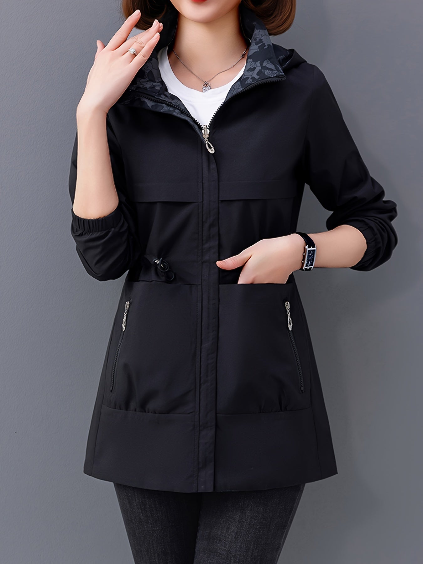 Waterproof Windbreaker Jacket for Women - Long Sleeve Drawstring Waist Hooded Zip-Up Coat with Two-Sided Wear, Breathable, and Insulated Design for Autumn & Winter Outdoor Activities - Women's Casual Clothing