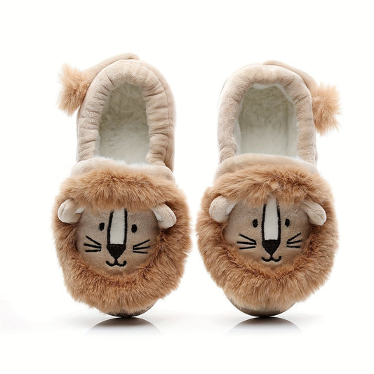 Cozy Lion Pattern Furry Slip-On Shoes for Boys - Soft, Comfy, Non-Slip, Thermal Indoor Footwear with Warm Fleece Lining for Cold Winter Days - Ideal for Kids' Everyday Wear