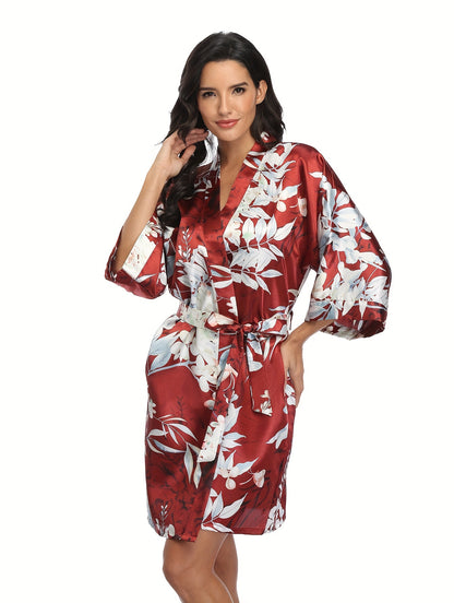 Romantic Floral Satin Kimono Robe - Luxurious Three-Quarter Sleeve V-Neck Sleepwear with Belted Waist for Women - Elegant Nighttime Elegance