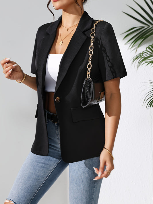 Short Sleeve Elegant Lapel Solid Color Blazer - Classic Single Breasted Design, Micro Elastic Polyester Fabric, Unlined, Regular Length, Perfect for Office & Work - Spring/Summer Essential for Women