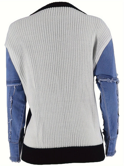 Chic Denim Patchwork Top with Stretch for Comfort - Long Sleeves & Round Neck for Versatile Styling, Perfect for Casual Wear