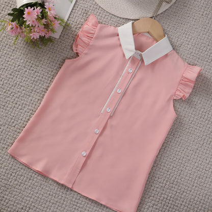 Girls Ruffle Sleeveless Contrast Collar Blouse Top For Summer