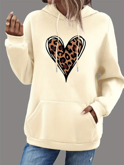 Women's Heart Print Kangaroo Pocket Casual Hoodie - Long Sleeve Drawstring Sweatshirt with Relaxed Fit, Soft Fabric, and Cozy Design for Everyday Wear