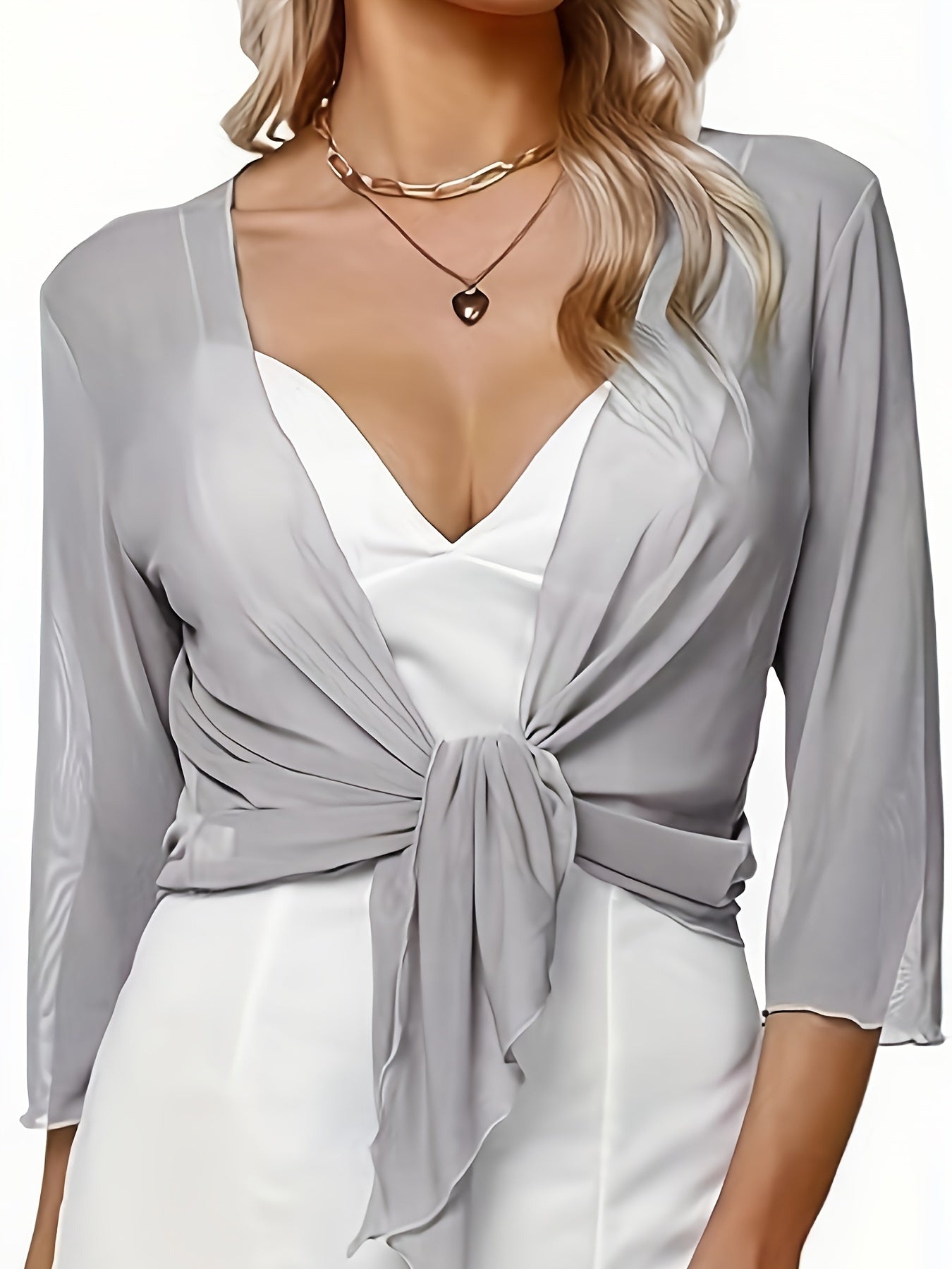 Summer Essential: Chic Solid Color Tie Front Mesh Top, Versatile & Stylish 3/4 Sleeve, Easy-Care & High-Stretch - Perfect for Youthful Elegance