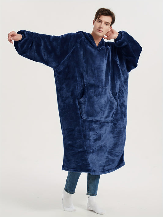 Men's Cozy Flannel Hooded Robe - Extra Long, Solid Color Lounge Wear with Pockets for Autumn & Winter, Machine Washable