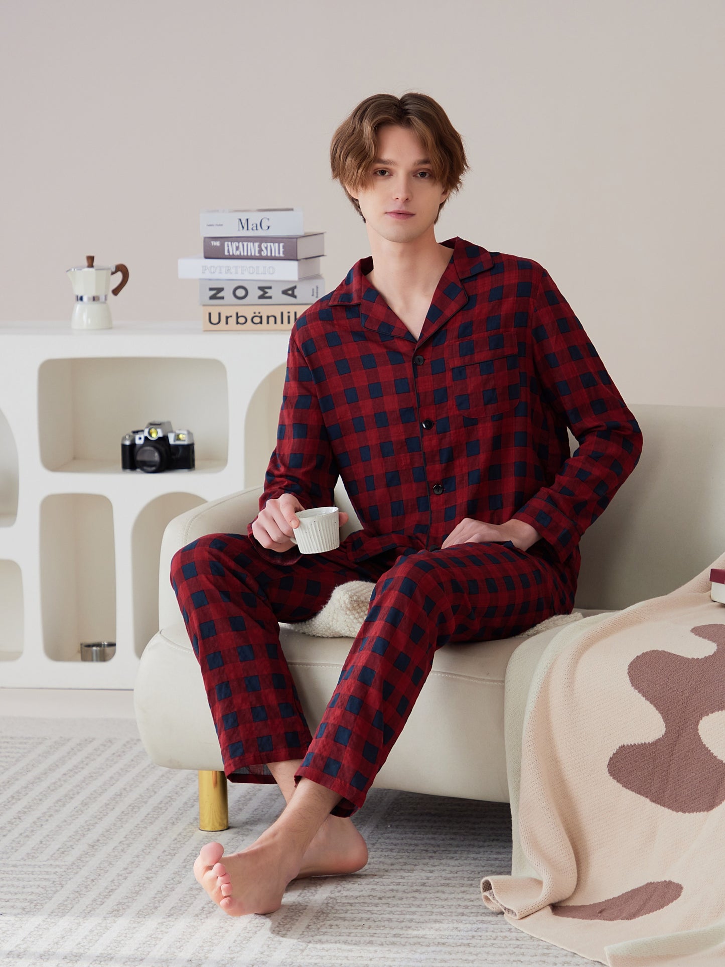 Men's Casual Plaid Pajamas Sets, Long Sleeve Lapel Neck Shirt & Loose Pants Lounge Wear, Home Indoor Sets For Winter Autumn